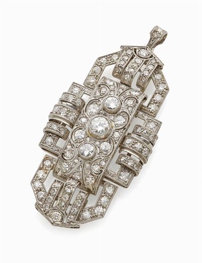 Spilla-Pendente in Platino, Oro Bianco 18K e Diamanti