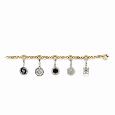 Bracciale charms in oro bicolore 18K con diamanti e pendenti in onice