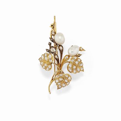 Spilla-pendente in oro giallo 18K con perle naturali e diamanti taglio rosa
