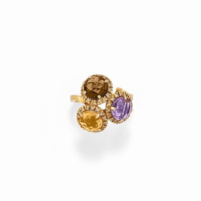 Anello in oro giallo 18K con diamanti e pietre semipreziose (ametista, quarzo citrino e quarzo fu...