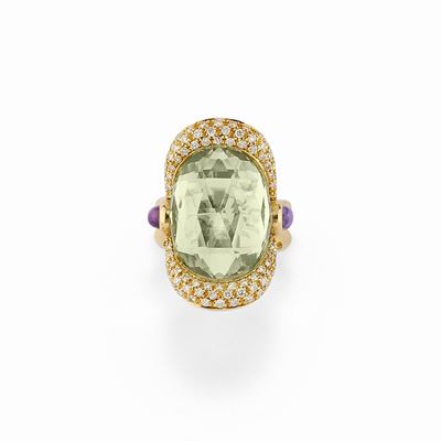 Anello con diamanti e ametista verde, oro giallo 18K