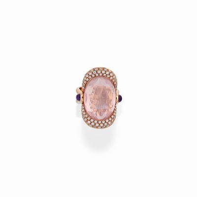 Anello in oro giallo 18K con quarzo rosa, diamanti e ametista