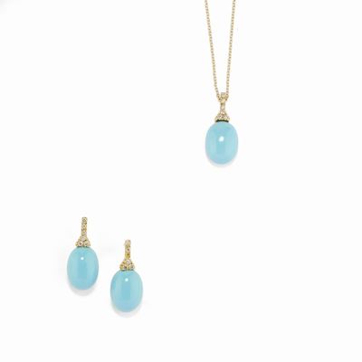 Collana e orecchini in oro giallo 18K con diamanti e pasta di turchese