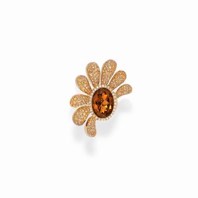 Anello in oro giallo 18K con diamanti, zaffiri orange e quarzo citrino