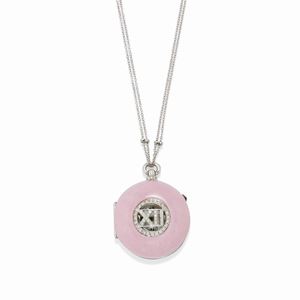 A 18K white gold, diamond, stone and mother-of-pearl necklace with watch