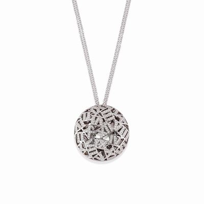 Collana con orologio, oro bianco 18K, diamanti e madreperla