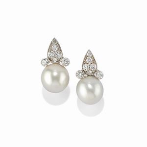 A 18K white gold, South-Sea pearl and diamond earclips
