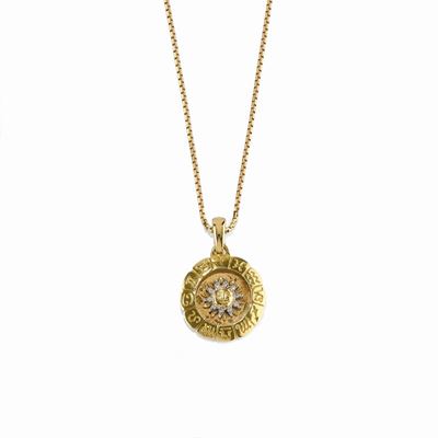 Collana in oro giallo 18K con diamanti taglio huit-huit e incisioni zodiacali