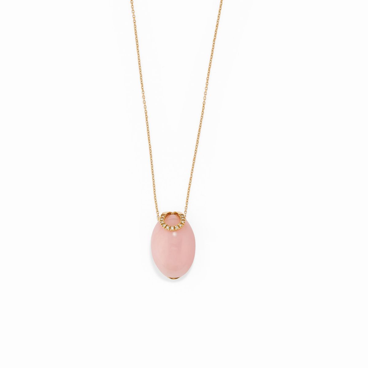 Collana e anello in oro giallo 18K con pietra dura rosa e diamanti