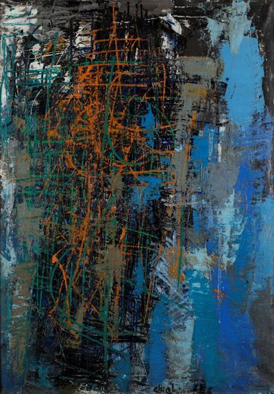 Composizione arancio su fondo blu, olio su tela, 1956