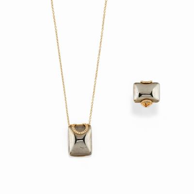Collana e anello in oro giallo 18K con pirite rettangolare e diamanti