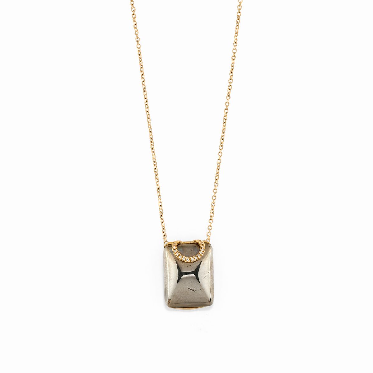 Collana e anello in oro giallo 18K con pirite rettangolare e diamanti