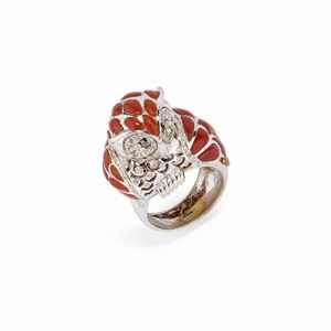 A 18K white gold, coral and diamond ring