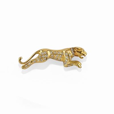 Spilla a forma di pantera in oro giallo 18K e diamanti