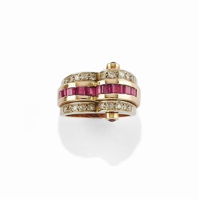 Anello con rubini taglio carré e diamanti, oro bicolore 18K