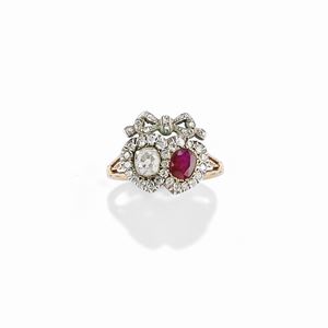 A silver, 18K yellow gold, ruby and diamond ring, 19th Century