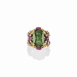 A 18K yellow gold, tourmaline, ruby and diamond ring, defects
