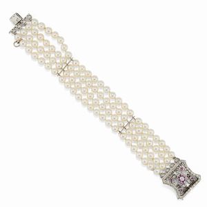 A 18K white gold, cultured pearl, rubies and diamonds bracelet