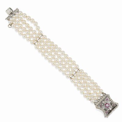 Bracciale in oro bianco 18K con perle, rubini e diamanti