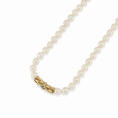 Collana in oro giallo 18K con perle, zaffiri e diamanti