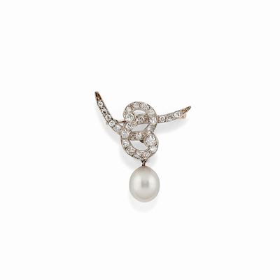 Spilla in oro bianco 18K con perla coltivata e diamanti