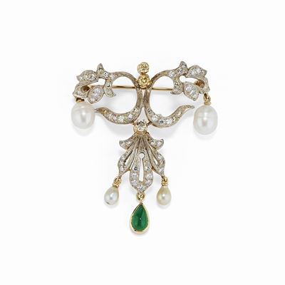 Spilla in oro bianco 18K con perle, smeraldo e diamanti