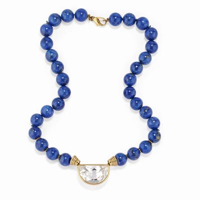 Collana in oro giallo 18K con lapislazzuli e quarzo sfaccettato