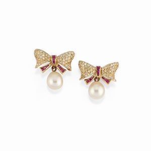 A 18K yellow gold, diamond, ruby and cultured pearl earrings