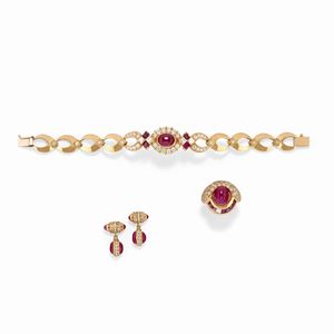 A 18K yellow gold, ruby and diamond demi-parure, defects