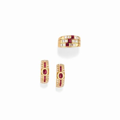 Demi-parure in oro giallo 18K con rubini e diamanti