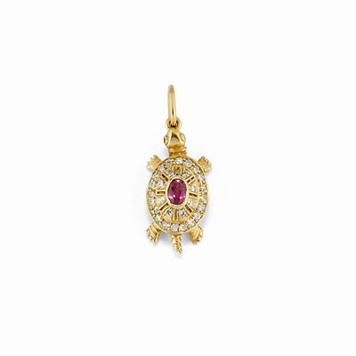 Ciondolo a forma di tartaruga in oro giallo 18K con rubini e diamanti
