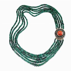 A silver, 18K yellow gold, emerald, coral and diamond necklace