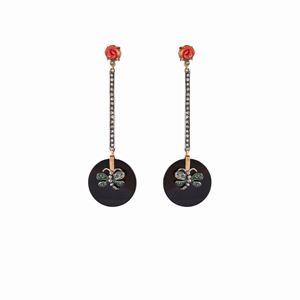 A silver, 14K yellow gold, onyx, emerald, coral and diamond pendant earrings