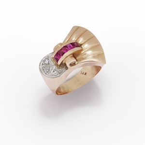 A 18K two-color gold, ruby and diamond ring