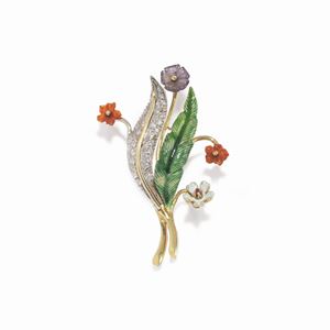 A 18K two-color gold, enamel, ruby, diamond and gemstone brooch