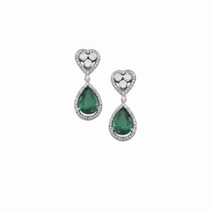 A 18K white gold, emerald and diamond pendant earrings