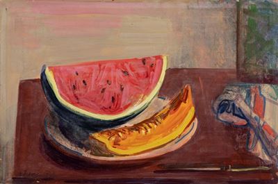 Natura morta con anguria e melone, tecnica mista su cartone, 1963