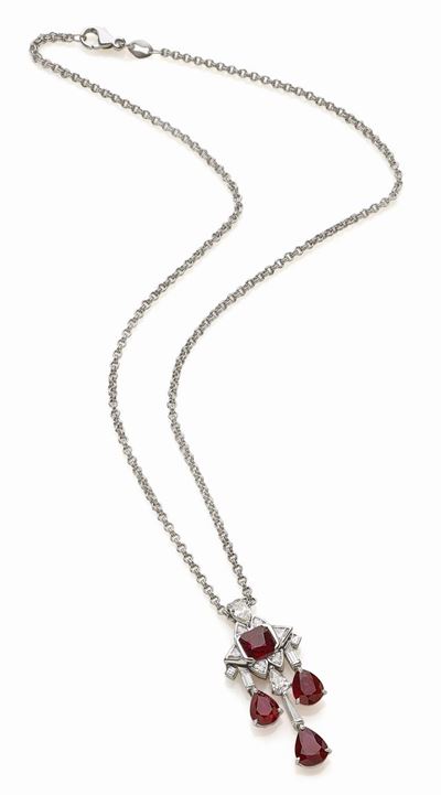Calderoni Gioielli, Collana con pendente in oro bianco 18K, rubini e diamanti