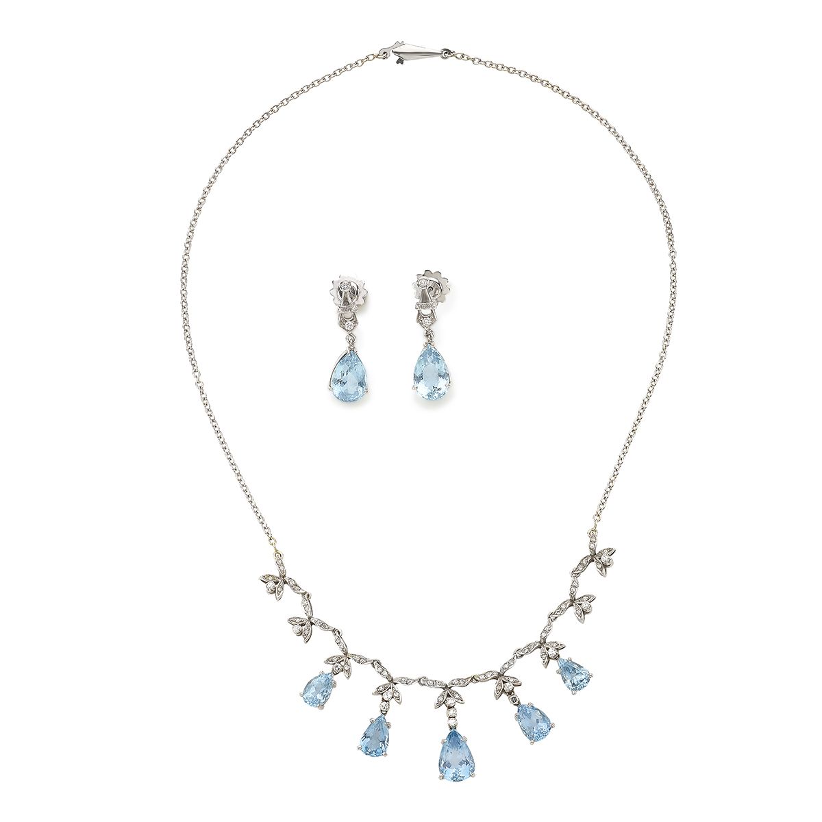 Demi Parure in Oro Bianco 18K con Diamanti e Acquamarine
