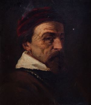 Scuola italiana, secolo XIX - Half-length portrait of a man in a seventeenth-century suit, with a red cap and earring