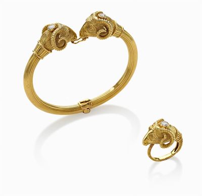 Demi-parure in oro giallo 18K con bracciale e anello decorati da diamanti