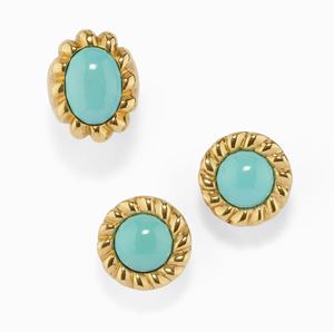 A 18K yellow gold and turquoise demi-parure, ring and earrings