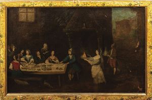 Due scene di genere raffiguranti banchetti con musici