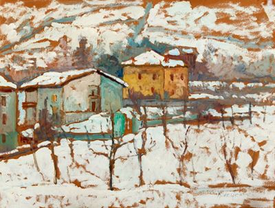 Case nella neve, olio su carta