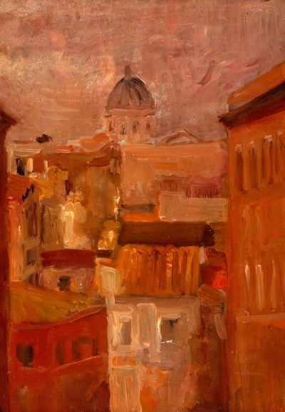 Vecchie case romane, olio su masonite, 1968