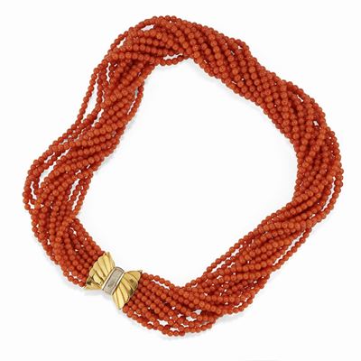 Collana in oro giallo 18K con corallo rosso a torchon