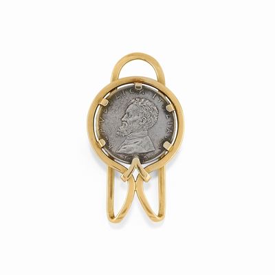 Fermasoldi in oro giallo 18K con moneta in argento 'L 500'
