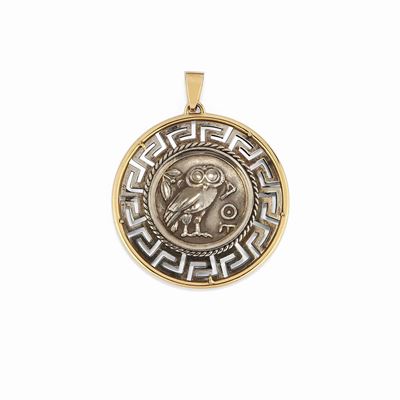 Pendente in argento e oro giallo 18K con gufetto decorato