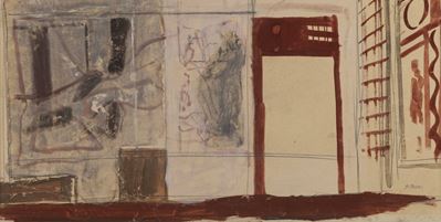Studio per interno decorato, tempera, matita grassa e matita su cartone
