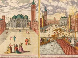 Georg Braun, Abraham Hogenberg - Augusti apud Venetos templi D. Marci accuratissima effiguratio. Depinxit Georgius Houfnaglius Anno 1578 ; Palatii Senatorii apud Venetos conflagratio